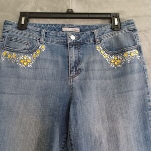 Chicos Platinum Jeans Sz 12 High Waist Rhinestones Embellished Straight Leg